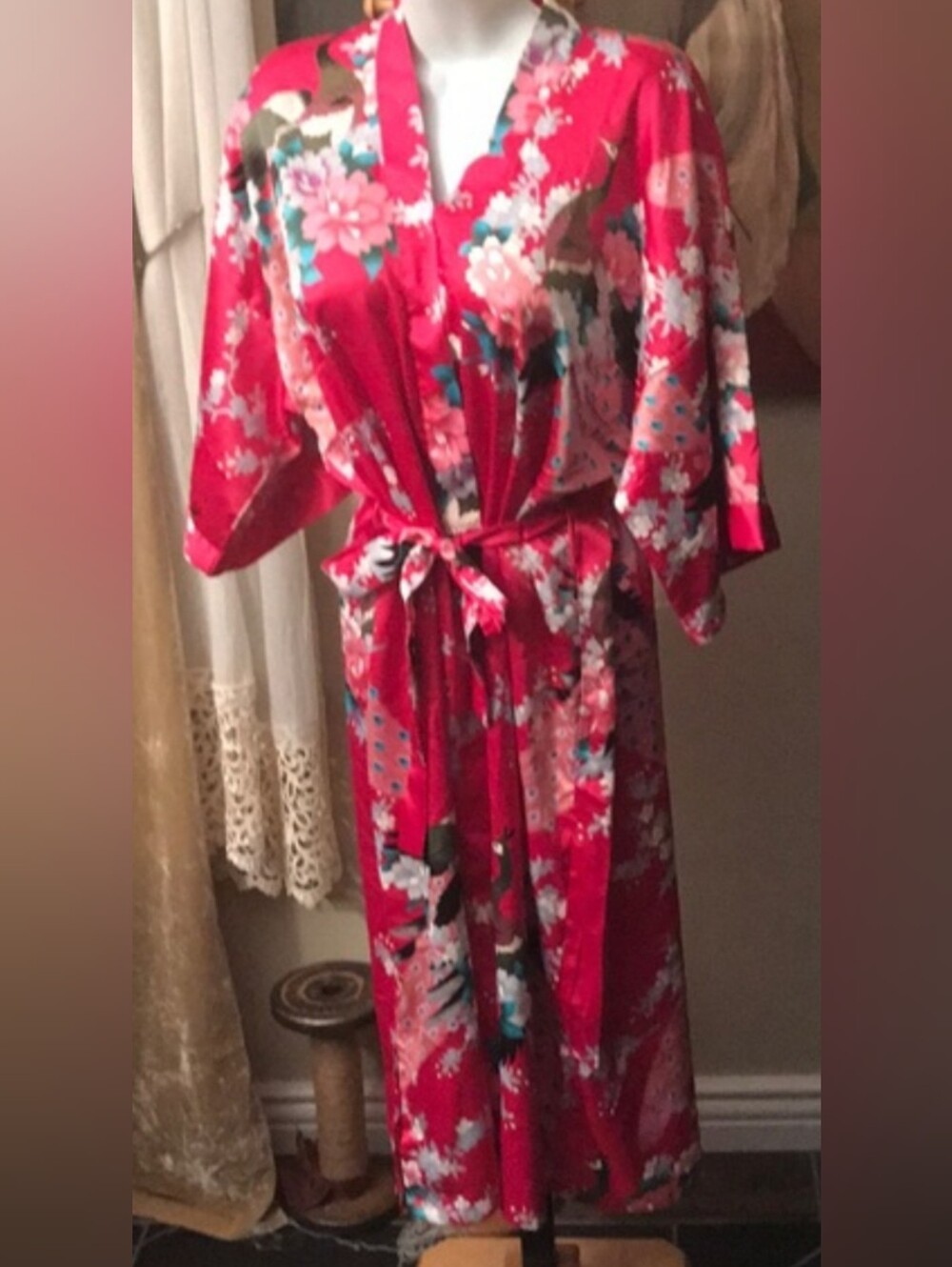 Fucsia Satin Kimono Robe with Belt and Pockets